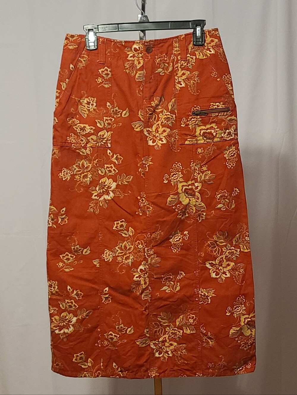 Eddie Bauer Patterned Denim Feel Fabric Skirt Cargo Pockets Dark Orange Color